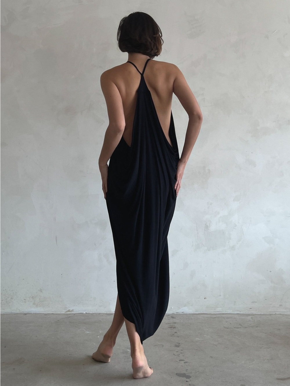 Joules Black Backless Halter Maxi Dress with Draped Panel